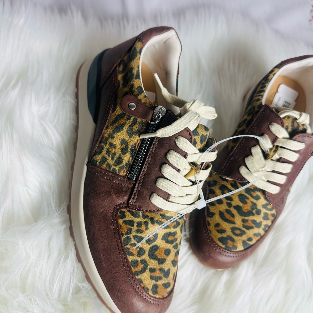 Leopard Print Brown Casual Sneakers with Cream Laces - Women - Picture 2 of 9